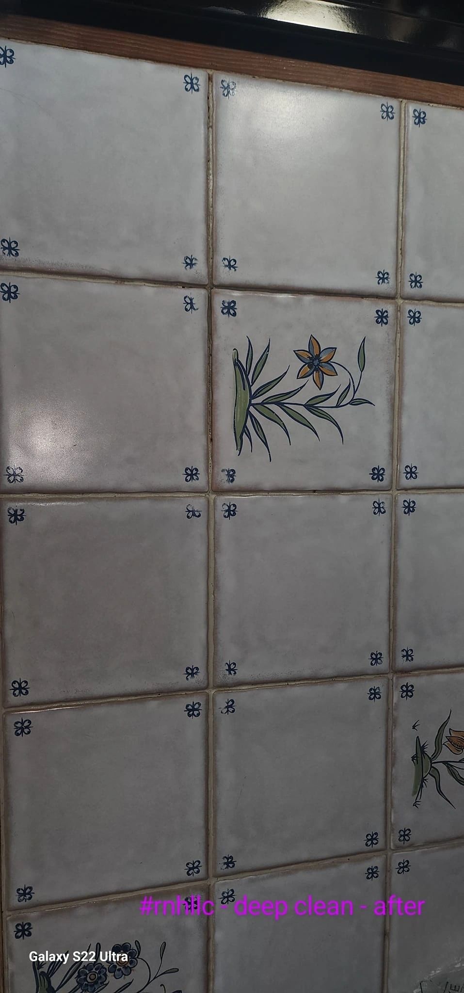 Same kitchen tile backsplash after deep clean, grout lines restored to their original color